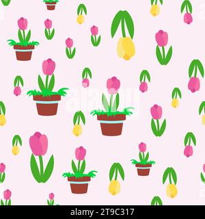 Seamless pattern spring flowers tulips bouquet of tulips in pots. Ornament for textiles, packaging, background design in cartoon style. Stock Vector