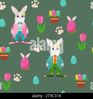 Seamless pattern Easter bunny and decorative egg with ears and decorative flowerpot tulip and rabbit footprint on a green background. Stock Vector