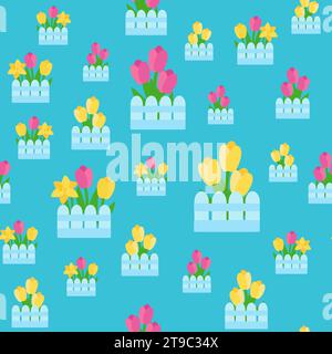 Seamless pattern spring flowers tulips and daffodils behind the fence. Ornament for textiles, packaging, background design in cartoon style. Stock Vector