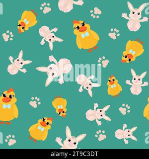 Seamless pattern cute little chicks and easter bunnies. Easter ornament for children's textiles, packaging, background design in cartoon style. Stock Vector