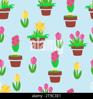 Seamless endless pattern of pink and yellow tulips, daffodils and hyacinths in ceramic pots on a blue background. Flat cartoon style illustration for Stock Vector