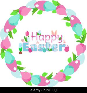 Easter wreath of delicate pink and blue crocuses and the heavenly color of decorative eggs. Happy easter text inside decorated with spring flowers, gr Stock Vector