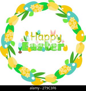 Happy Easter text inside an Easter wreath of spring flowers of hyacinths, tulips and decorative eggs. Illustration in yellow, blue and green colors. F Stock Vector