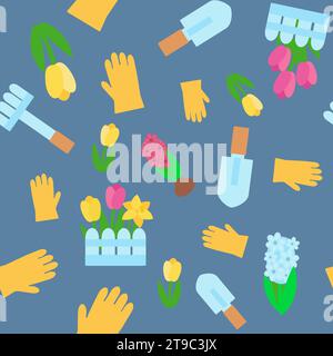 Seamless pattern garden tools spatulas, rakes and gloves, tulips, hyacinth and narcissus near the fence. Ornament for textiles, packaging. Stock Vector