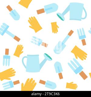 Seamless pattern garden tools watering can, shovels, rakes and gloves. Ornament for textiles, packaging, background design in cartoon style. Stock Vector