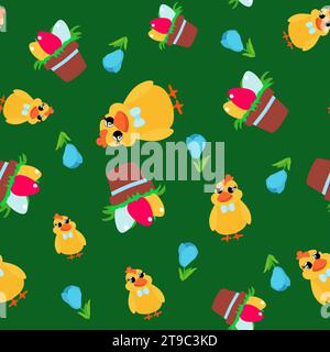 Spring seamless pattern with crocuses, chick and Easter eggs. Easter ornament for children's textiles, packaging, background design in cartoon style. Stock Vector
