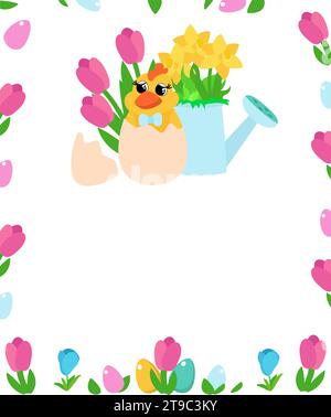 A happy chicken sits near a watering can with daffodils and tulips. Web banner, invitation card to the Easter tradition of the egg hunter. The design Stock Vector