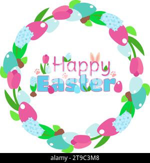 Happy easter text inside a wreath of pink tulips, blue hyacinths and decorative eggs. Greeting card in pastel soothing colors. The mood of joy and cel Stock Vector