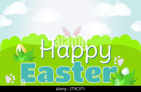 Easter card. Happy Easter lettering background with bright spring landscape and ears that protrude from the bushes. Vector illustration greeting card, Stock Vector