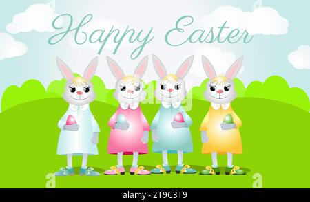 Happy Easter bunnies stand on a green field. Rabbits are smiling and holding decorative eggs. Vector illustration for easter cards. Stock Vector