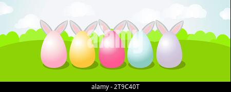 Large painted eggs stand on the green grass and the ears of the Easter Bunny stick out from behind. A long horizontal banner. Stock Vector