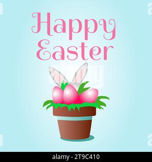 Ceramic pot with grass and decorative eggs on blue sky background and text Happy Easter. Vertical holiday banner. Stock Vector