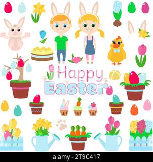 Easter set: smiling happy children, rabbit ears, rabbit, easter eggs, hot cross buns, simnel sake, daffodil, tulip, hyacinths, crocuses, chicken, wate Stock Vector