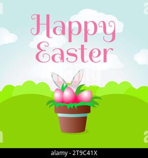 On the green grass there is a ceramic pot with painted eggs and the ears of the Easter Bunny stick out from behind. Vertical banner for spring holiday Stock Vector