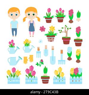 Set spring and gardening: children, tulips, flower pots, decorative fences, daffodils, hyacinths and their bulb, one watering can and watering can wit Stock Vector