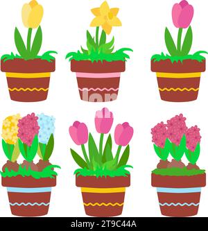 Set spring flowers in ceramic pots with decor: yellow and pink tulips, daffodils, yellow, blue and raspberry hyacinths. Hobbies growing plants in cart Stock Vector