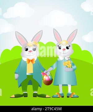 Happy Easter bunnies stand on a green field. Rabbits are smiling and holding a basket of decorative eggs. Vector illustration for easter cards, pictur Stock Vector
