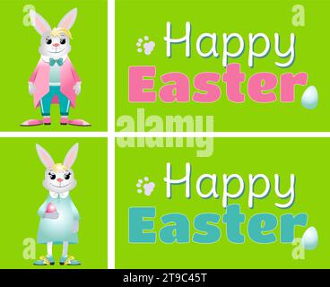 Set of a bunny boy and a bunny girl, inscriptions Happy Easter and decorative eggs. Vector illustration greeting card, ad, flyer, promotion, web-banne Stock Vector