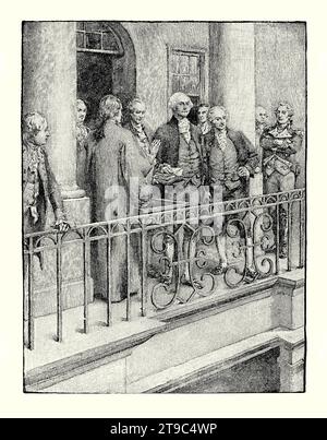 An old engraving of inauguration of George Washington as the first president of the United States, held on April 30 1789 on the balcony of Federal Hall in New York City, USA. It is from an American history book of 1895. It was the first inauguration of George Washington (1732–1799) and was held nearly two months after the beginning of the first four-year term of Washington as president. Chancellor of New York Robert Livingston administered the presidential oath of office. Stock Photo