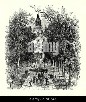 An old engraving of people strolling in the grounds at the rear of Independence Hall, Philadelphia, Pennsylvania, USA in the 1700s. It is from an American history book of 1895. Independence Hall is a historic civic building where both the United States Declaration of Independence and the United States Constitution were debated and ratified in 1788 by America's Founding Fathers. The building was completed in 1753 as the Pennsylvania State House. It served as the first capitol of both the United States and of the Province and later the Commonwealth of Pennsylvania. Stock Photo