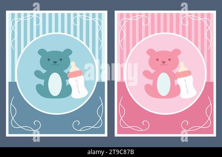 Template cards with teddy bear and bottle for boy and girl. For baby shower or greeting card. Vector illustration Stock Vector