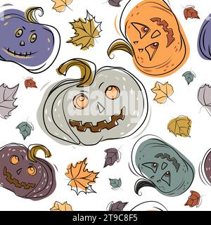 Halloween pumpkins seamless pattern in sketch style with scary and funny faces on white,vector illustration.Jack-lantern.Modern background with pumpki Stock Vector