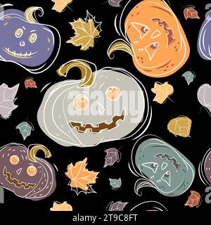 Halloween seamless pattern with pumpkins lanterns and autumn leaves of different colors on a black background. Festive background with pumpkins for Ha Stock Vector
