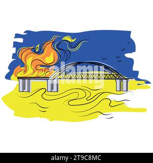 The Crimean bridge is on fire vector isolated illustration. Burning Crimean Kerches bridge on fire against the background of the Ukrainian flag Stock Vector