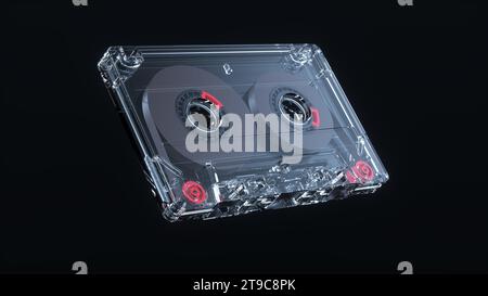 Transparent Audio Cassette Tape on a Black Studio Background. Minimal concept. Retro. 3D render. Stock Photo
