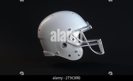 White American Football Helmet on a Black Studio Background. Sports Concept. 3D Rendering. Stock Photo