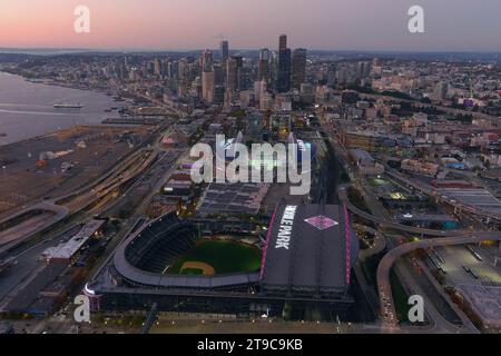 A general overall aerial view of T-Mobile Park (foreground) and Lumen Field, Thursday, Oct. 26, 2023, in Seattle. Stock Photo