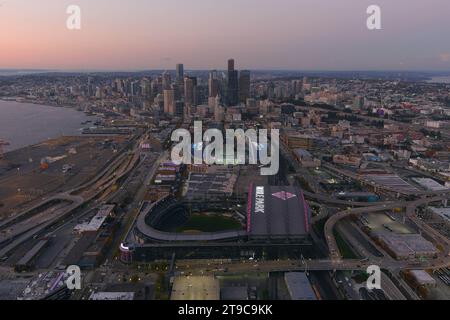 A general overall aerial view of T-Mobile Park (foreground) and Lumen Field, Thursday, Oct. 26, 2023, in Seattle. Stock Photo