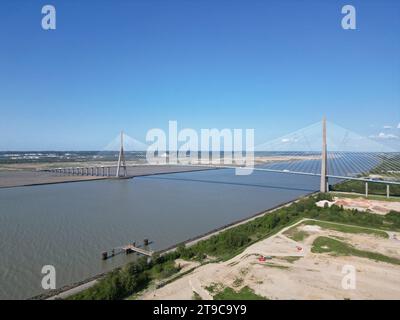 Normandy bridge France cable stayed bridge drone, aerial Stock Photo