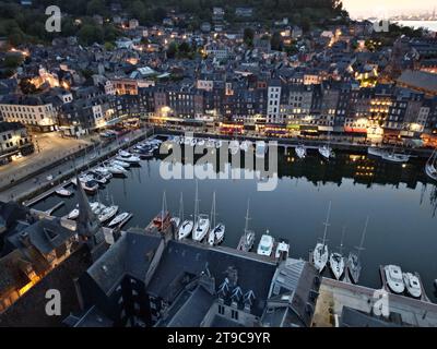Honfleur France evening drone aerial boats moored in harbour Stock Photo