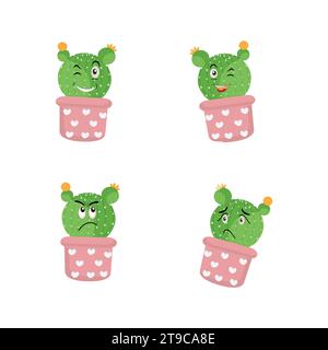 Cartoon cute cactus mascot, Potted cactus characters sett, funny cacti in flower pot with different emotions vector Illustrations Stock Vector