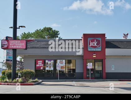 Houston, Texas USA 07-30-2023: Jack in the Box storefront exterior location in Houston, TX. American fast food restaurant chain founded in 1951. Stock Photo