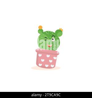 Cartoon cute cactus mascot, Potted cactus characters sett, funny cacti in flower pot with different emotions vector Illustrations Stock Vector