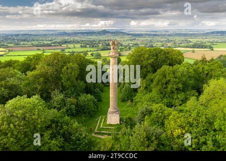 Aerial view of the 33 metre Admiral Hood Monument overlooking the Somerset Levels near the village of Compton Dundon, Somerset, England.  Summer (June Stock Photo