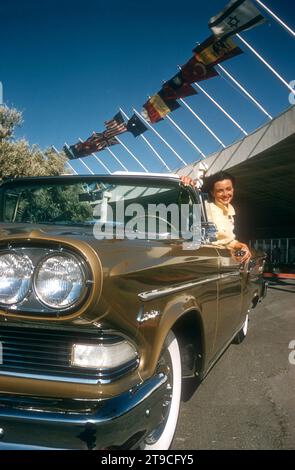 LAS VEGAS, NV - 1958: Actress and model Kitty Dolan poses in a 1958 Ford Edsel Citation outside The Tropicana Hotel circa 1958 in Las Vegas, Nevada. (Photo by Hy Peskin) *** Local Caption *** Kitty Dolan Stock Photo