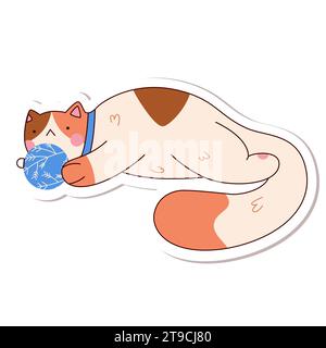 Cute cartoon fat sleepy cat with Christmas ball Stock Vector