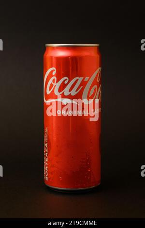 Ivano-Frankivsk, Ukraine March 26, 2023: Coca Cola bottle on a black background. Stock Photo