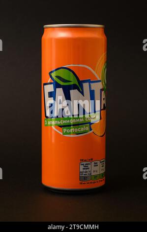 Ivano-Frankivsk, Ukraine March 26, 2023: a bottle of Fanta on a black background. Stock Photo