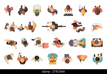 People view from above. People from air. Cartoon characters from air, persons on bike, woman with baby, man on scooter, teen on skateboard. Vector isolated set of movement community illustration Stock Vector
