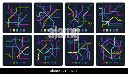 Subway dark map. Underground metro station subway map with route direction and number of trains. Vector subway underground station map subway city station illustration Stock Vector