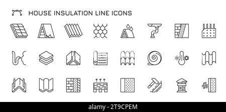 House insulation line icons. Warm insulation materials for walls and ceiling, home renovation and construction. Vector flat set of roof rockwool and thermal icon illustration Stock Vector