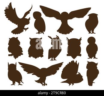 Owl silhouettes. Flying black bird icons for logotype design, nature predator flying silhouettes for tattoo, night owl symbol. Vector isolated set of bird silhouette owl illustration Stock Vector