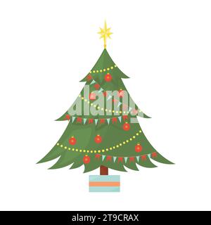 Cute Christmas tree decorated with toys and garlands. Isolated illustration on white background in vector cartoon flat style Stock Vector