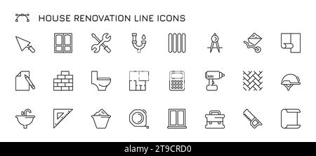 Home renovation line icons. Handsaw screwdriver saw dor and window lines for contractor renovation and building maintenance. Vector collection of renovation repair tools, paintbrush paint illustration Stock Vector