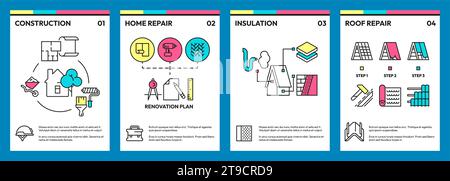 Home repair brochure. Maintenance renovation magazine cover with tools and renovation workman flat style, promotion brochure cover. Vector illustration of maintenance brochure construction Stock Vector