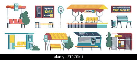 Cartoon transport station. Railway terminal with waiting seats, subway city bus and taxi station with timetable. Vector set of railway transport station illustration Stock Vector